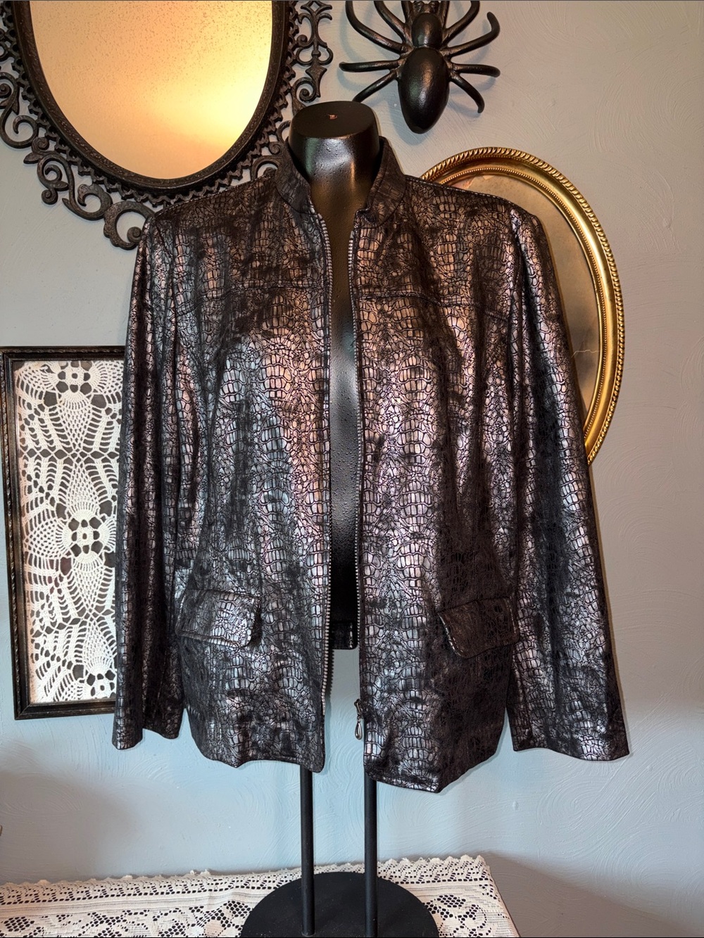 Alfred Dunner Metallic Croc-Embossed Black Jacket